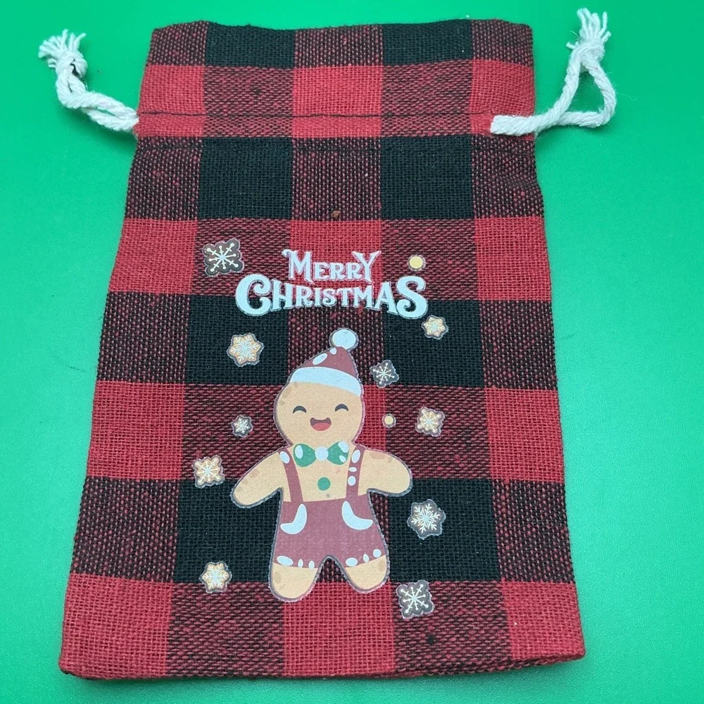 Merry Christmas Reusable Drawstring Red/Black‎ Plaid Gift Bags, Set of 9